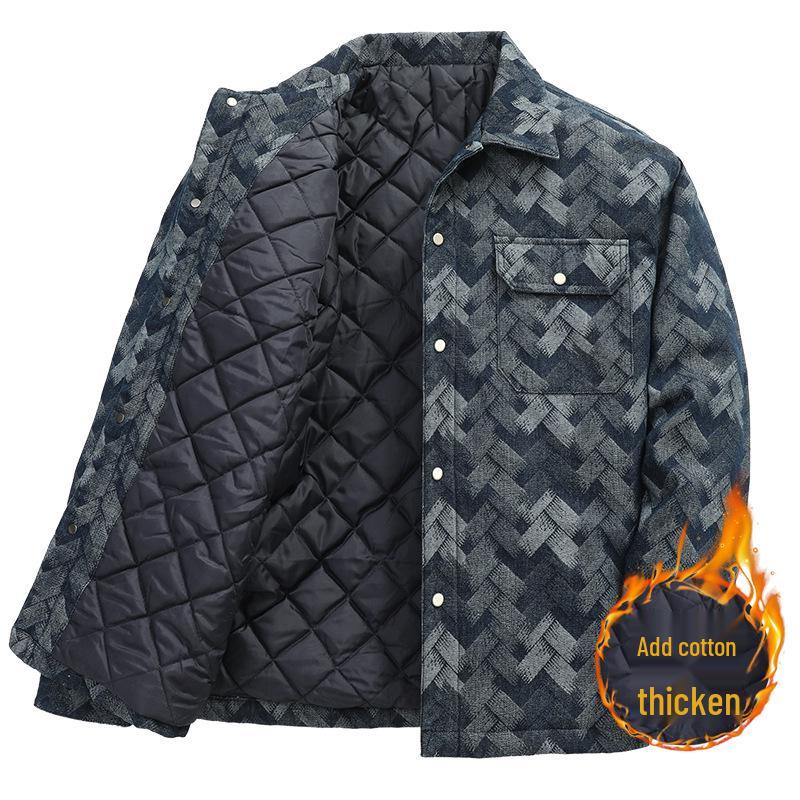 Men's Plus Size Plaid Denim Jacket - Cotton Padded for Autumn/Winter, Cool Biker Style