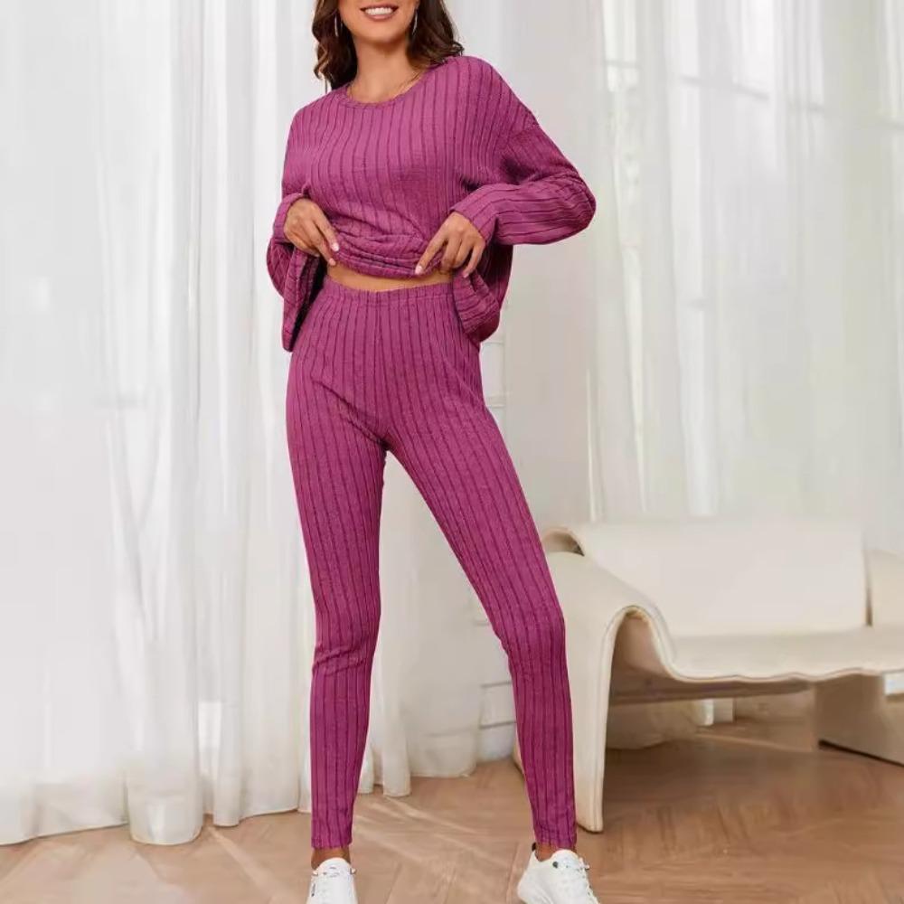 2 Piece Set Women Autumn New Fashion Casual Elegant Loose Crew Neck Ribbed Knit Outfit