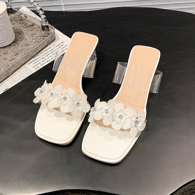2025 summer new ins trendy Internet celebrity fashion word with transparent sandals women's high heels crystal thick heel cool slippers