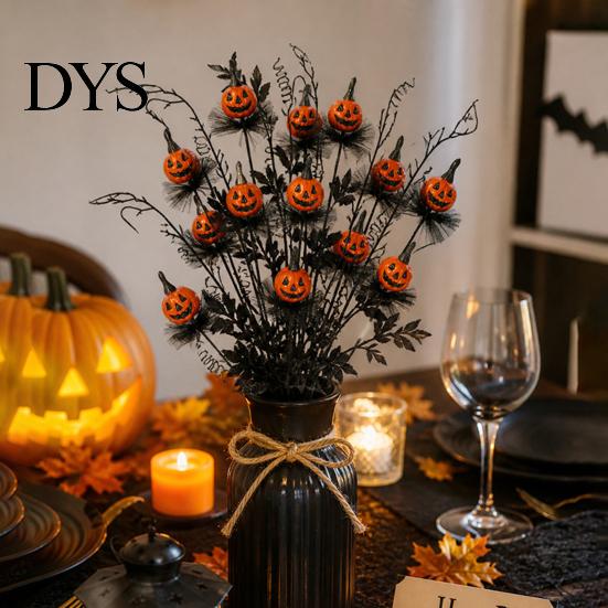 Spooky Home Decor Halloween Pumpkin Stem Decor, Black Maple Leaf Artificial Branch for Indoor Party Decorations Scene, Festive Table Centerpiece,