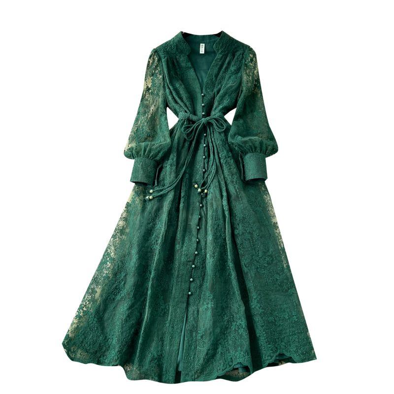 French Style Classy Women's Clothing Dress 2025 Spring Tight Waist Machine Embroidery V-neck Lantern Sleeve Single-Breasted Long Skirt