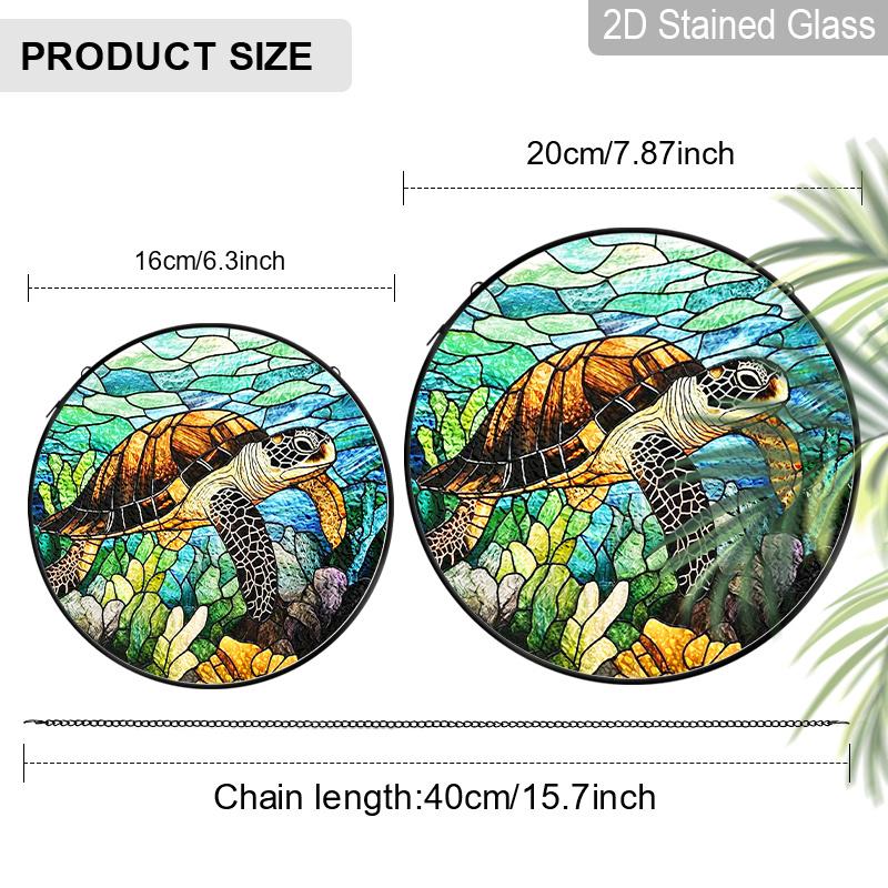 2D Flat Stained Glass Marine Themed Turtle Window Decoration, 7.87inches Colored Glass Plate with Chain, Charming Summer Sun Catcher Home Decor
