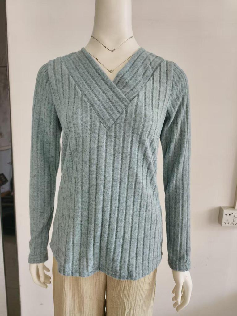 2025 Women's European & American Style V-neck Ribbed Casual Slim Fit Long Sleeve Autumn/Winter T-shirt