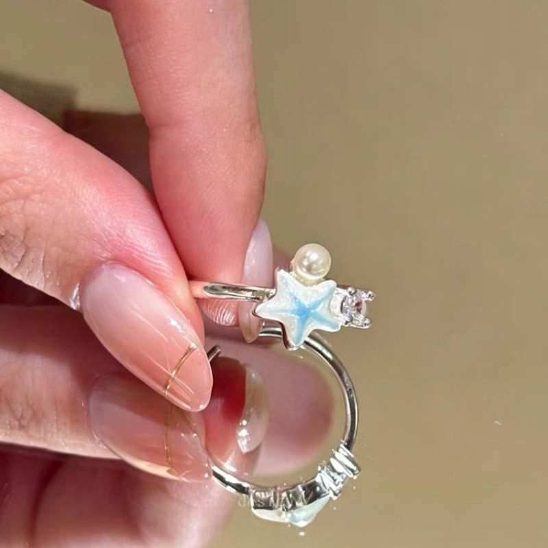 Sea Salt Milk ~ Blue Starfish Shell Ring, Women's Seaside Vacation Style, Stackable Niche Design, Index Finger Ring