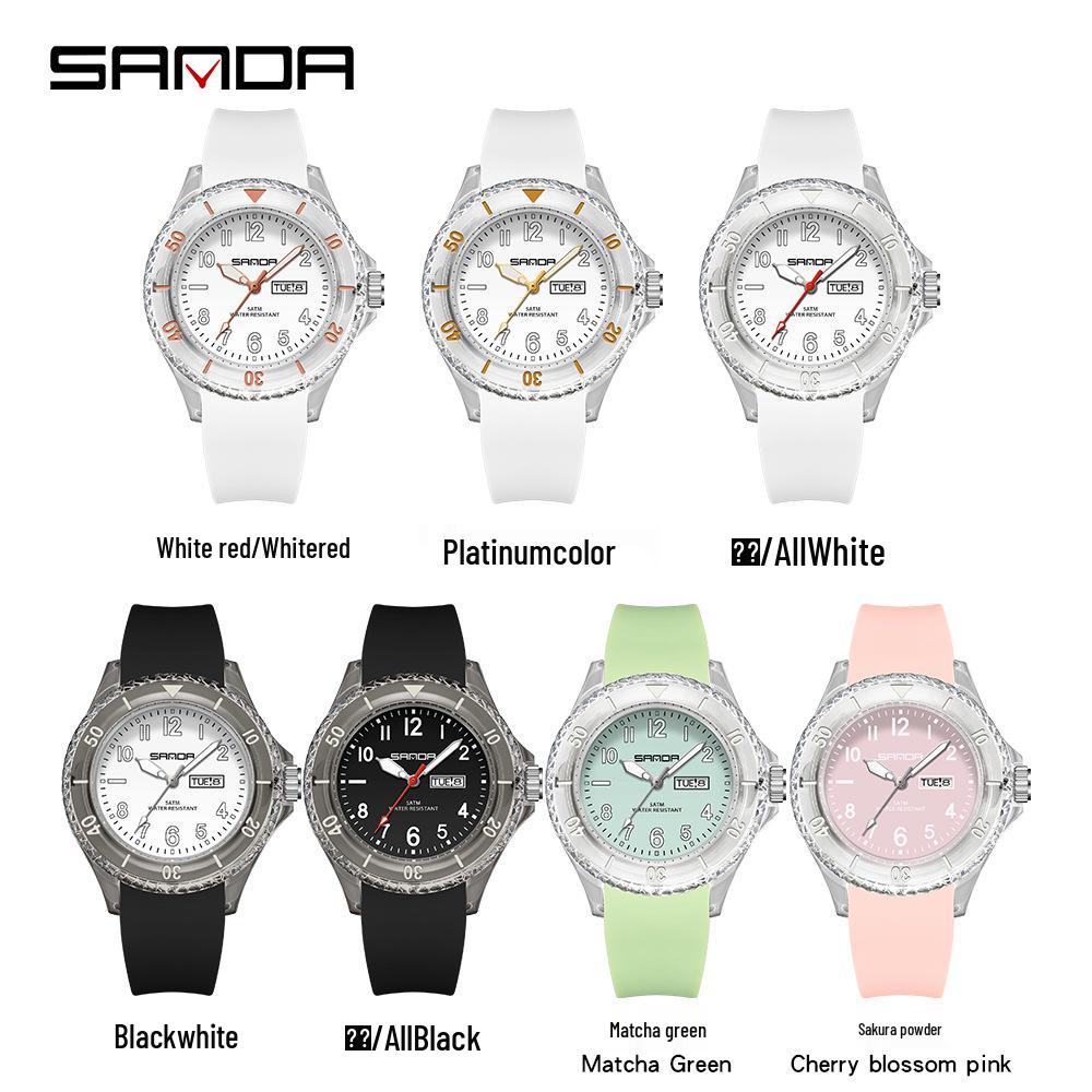 Sanda Student Sports Watch: Waterproof Quartz with Double Calendar, Transparent Case - Fashionable and Personalized for Kids.