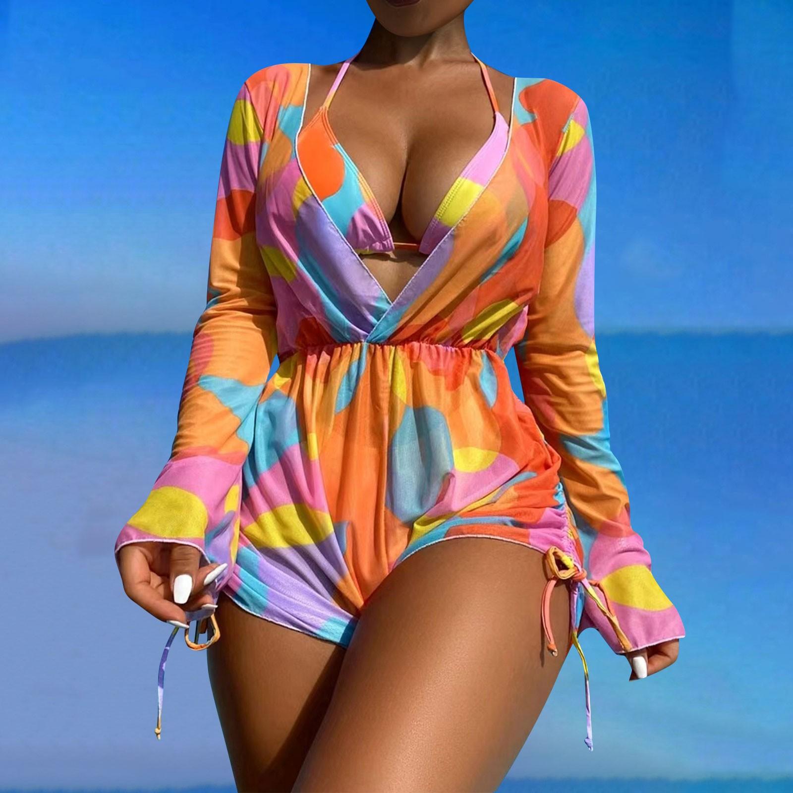 

Long Sleeved Mesh Hoodie Beach Fashion Bikini Three Piece Swimsuit XL шафрановий