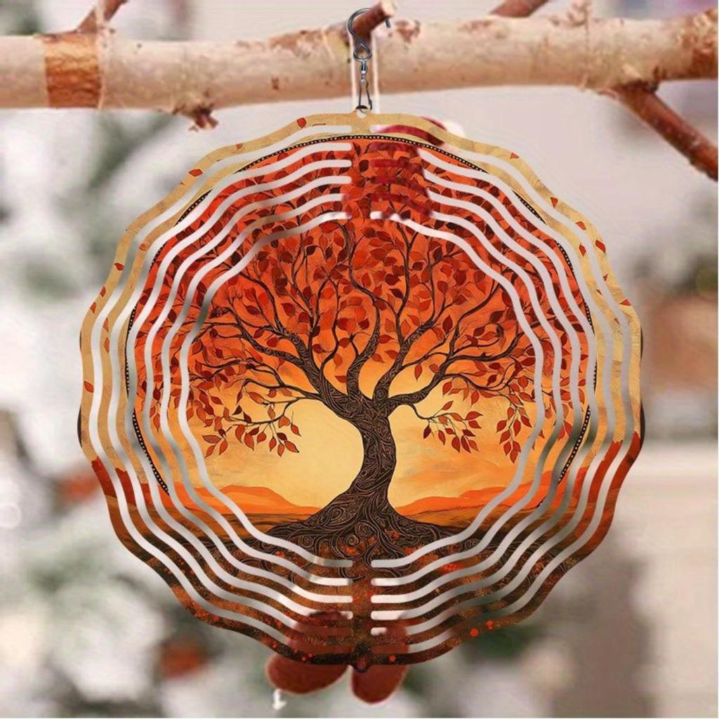 2D Metal Wind Chime with Red Tree Pattern & Mirror Reflection – Natural Bird Deterrent for Outdoor Decor, Garden