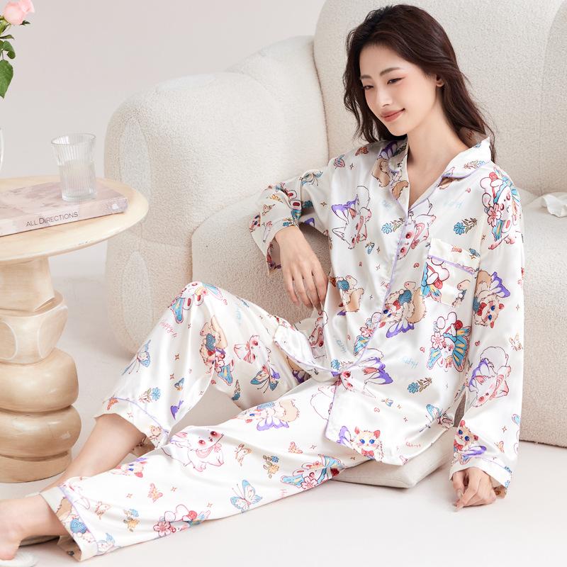 Rainbow Striped Pajamas Women'S Ins Wind Sweet Little Squirrel Ice Silk Thin High-End Loungewear Autumn Suit