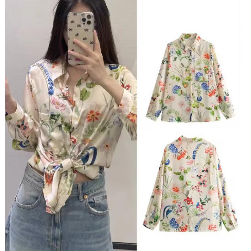 Womens Floral Print Long Sleeve Button-Up Shirt Loose Fit Casual Elegant Top
