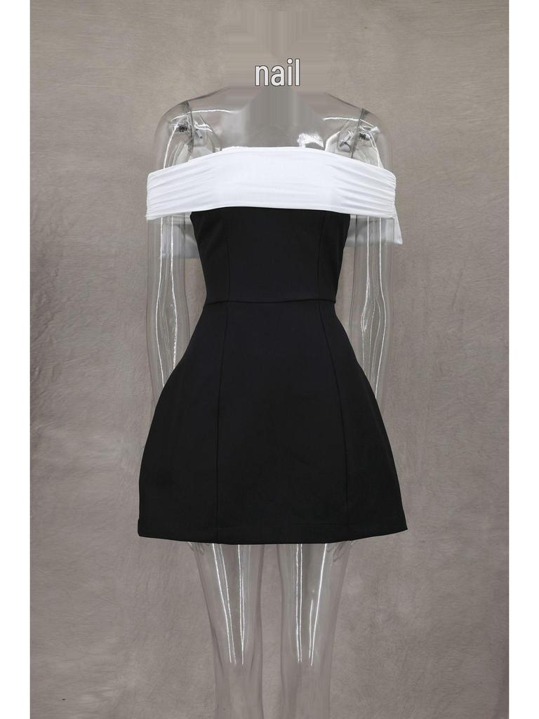 One-Shoulder Black & White A-Line Dress with Bow - Waist-Defining Design, Spring/Summer