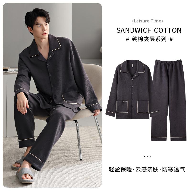 Herren-Pyjama für Frühling und Herbst, dick gefüttert, aus reiner Baumwolle, langärmelig, atmungsaktive Baumwollzwischenlage, hochwertige, dünn wattierte Baumwoll-Homewear für Herbst und Winter