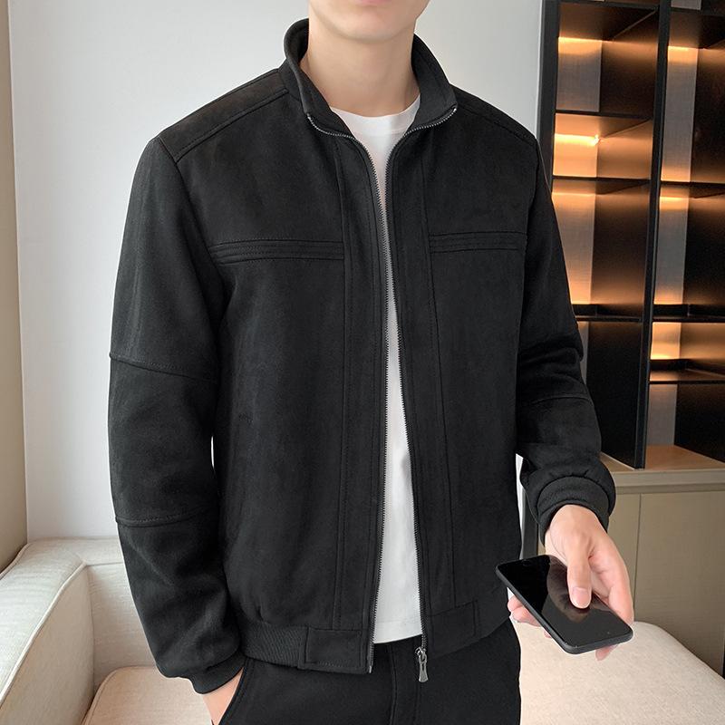

Куртка мужская из оленьей кожи бархатная осенне-зимняя новый стиль мужская в корейском стиле приталенная воротник-стойка однотонная синяя повседневная куртка топ 4XL
