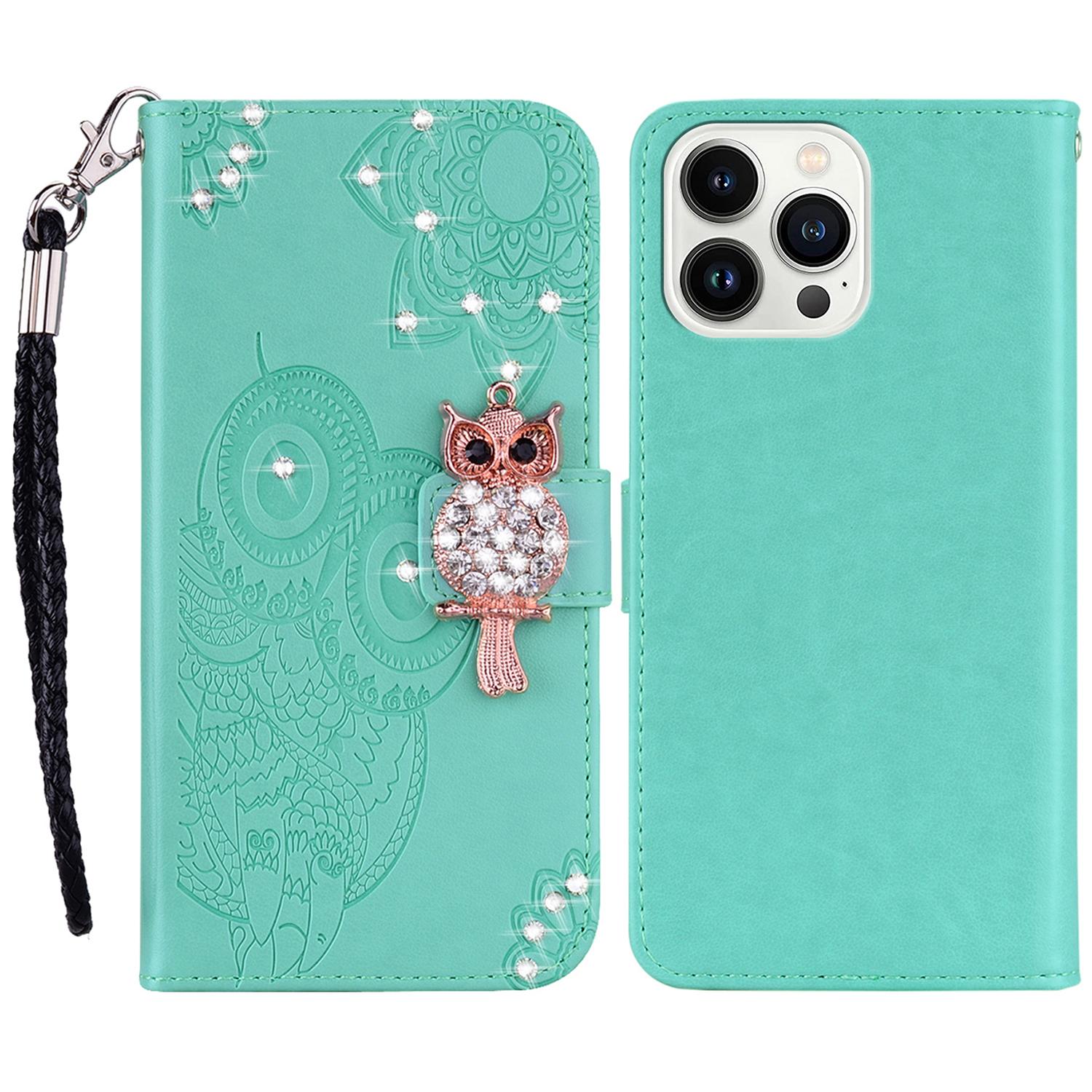 

For iPhone 15 Pro Case Rhinestone Owl Imprinted PU Leather Stand Wallet Phone Shell Cyan