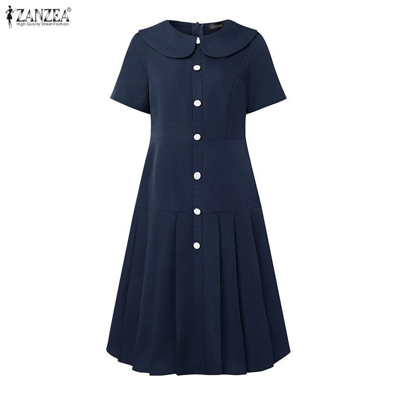 ZANZEA Women Summer Doll Collar Short Sleeve Casual Dress
