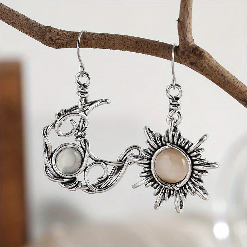 Vintage Exquisite Silvery Plated Sun Moon Pattern Pendant Earrings for Women's Creative  Jewelry Accessories Perfect Gift
