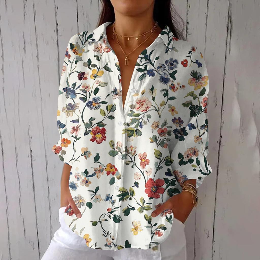 Women's Fashion Seven Sleeve Casual Lapel Back Tie Shirt Printed T-Shirt Top