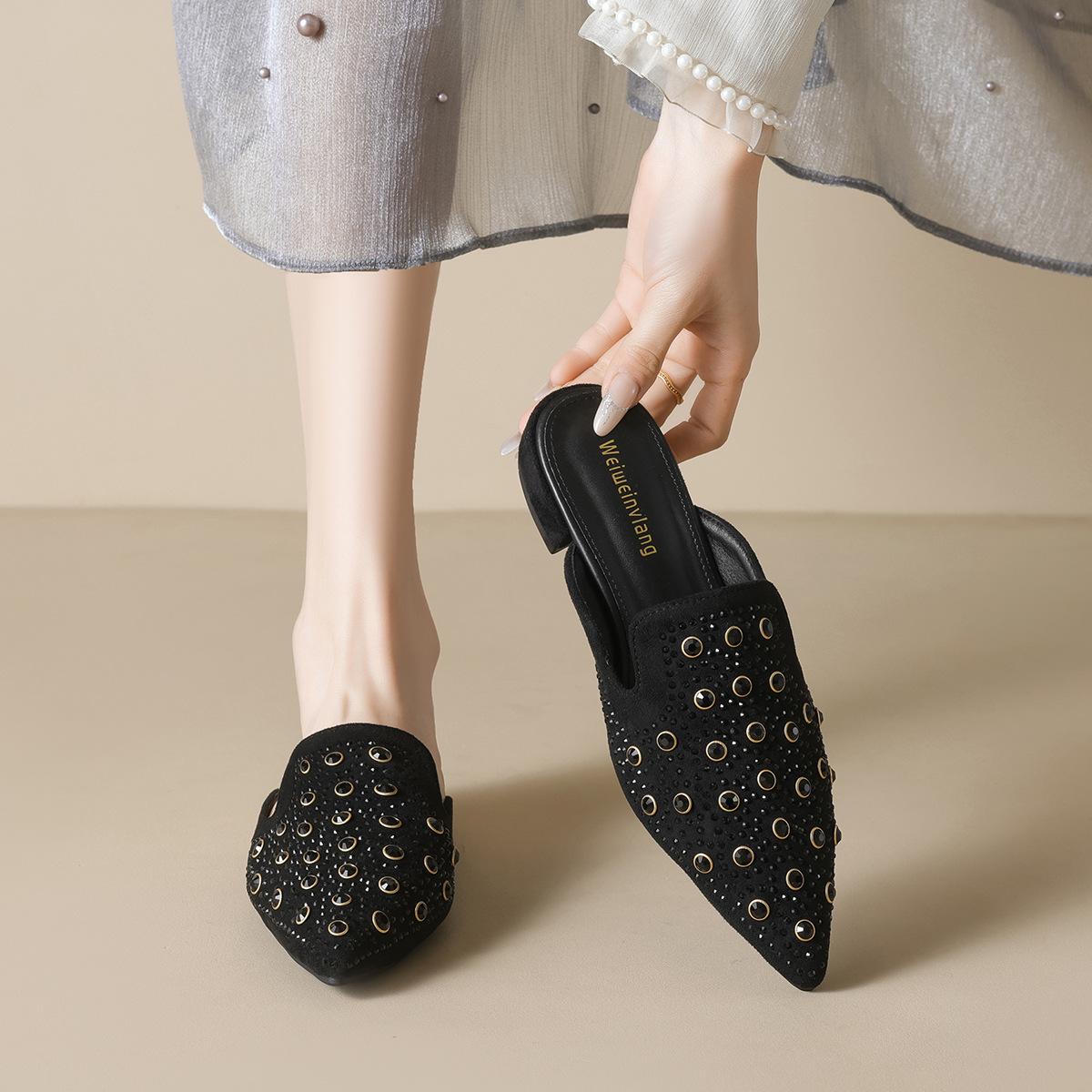 

Weiwei Girl Rhinestone Low Heel Women s Summer Mules 39 чорний