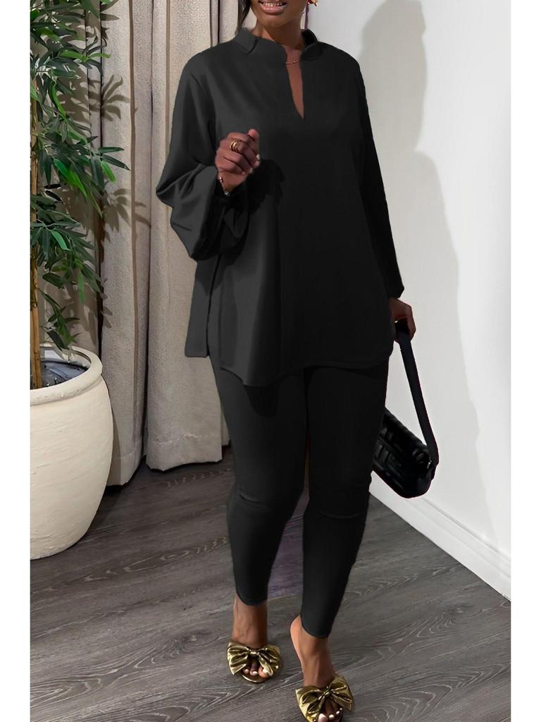 Elegant Two-Piece Set: V-Neck Split Top & Solid Color Skinny Pants