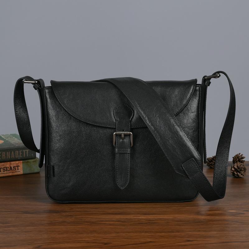 Men's Casual Instagram Style Practical and Versatile Unisex Diagonal Cross Bag Mailman Bag Fashion Bag Cowhide Top Layer Tree Cream