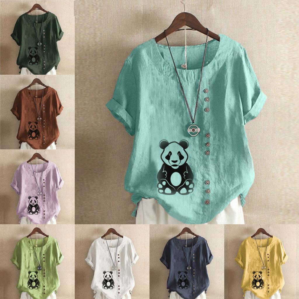 Women's Fashion Panda Print Short Sleeve T-shirt Loose Cotton Shirt Casual Loose Summer Blouse Tops
