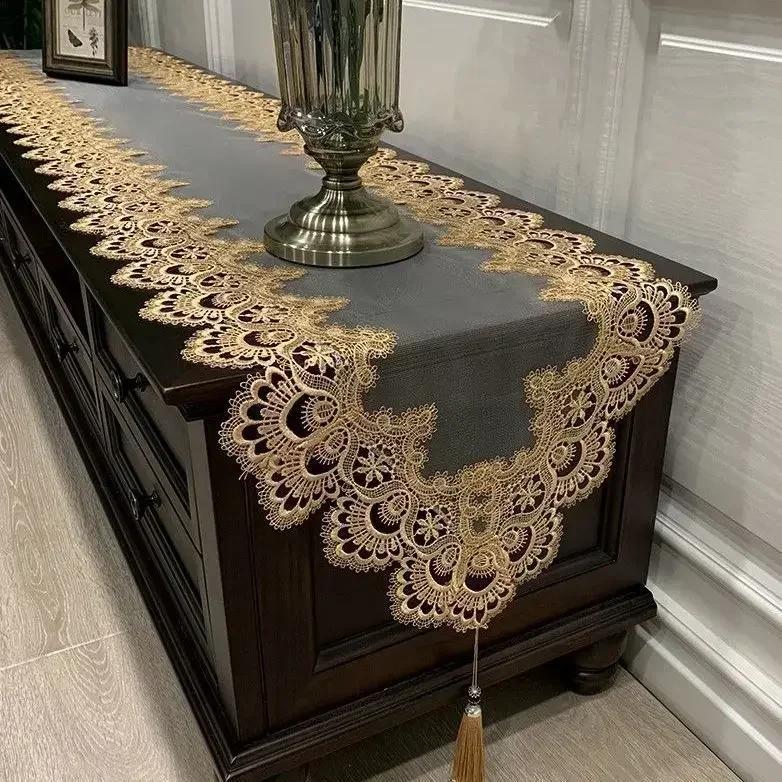 Tv Cabinet Lace Tablecloth  Embroidered Tassel Dining Table Flag Shoe Cabinet Long Striptransparent Yarn Dust Cover Cloth