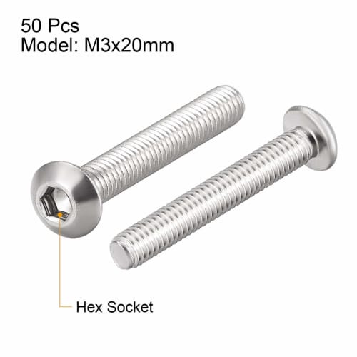 uxcell M3x20mm 304 Stainless Steel Hex Socket Head Machine Screws, Round Head Bolts, Pack of 50