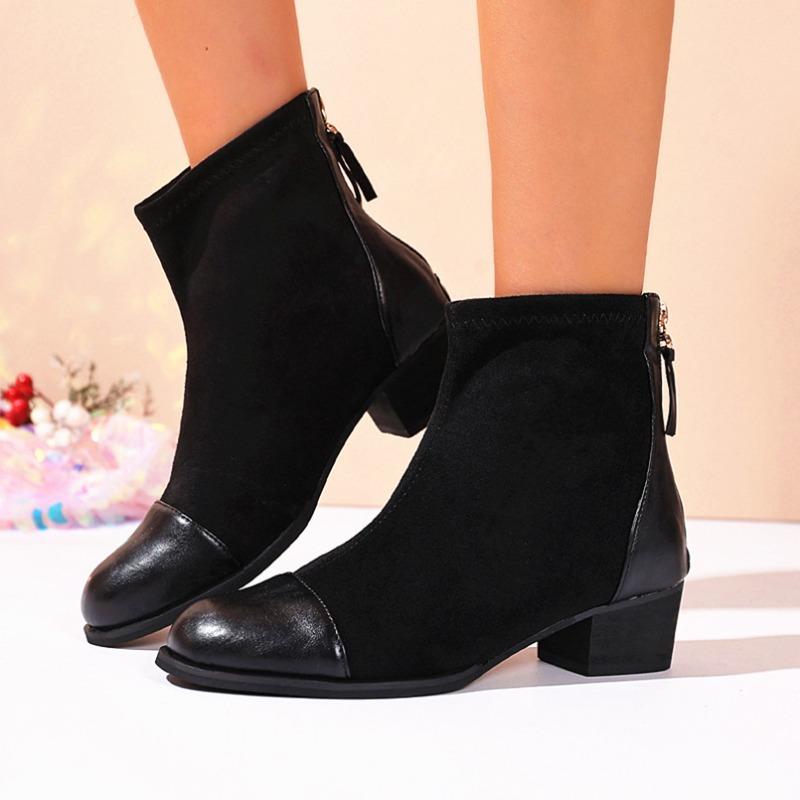 European and American Fashion British Style Short Martin Boots Women's Autumn New Large Size Round Head Rear Zipper Thick Heel Fashion Boots