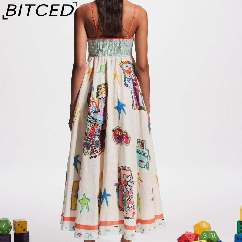 BITCED Spring/Summer Casual Maxi Dress for Women Spaghetti Strap Printed Linen 9 Colors Full-Skirted Dress