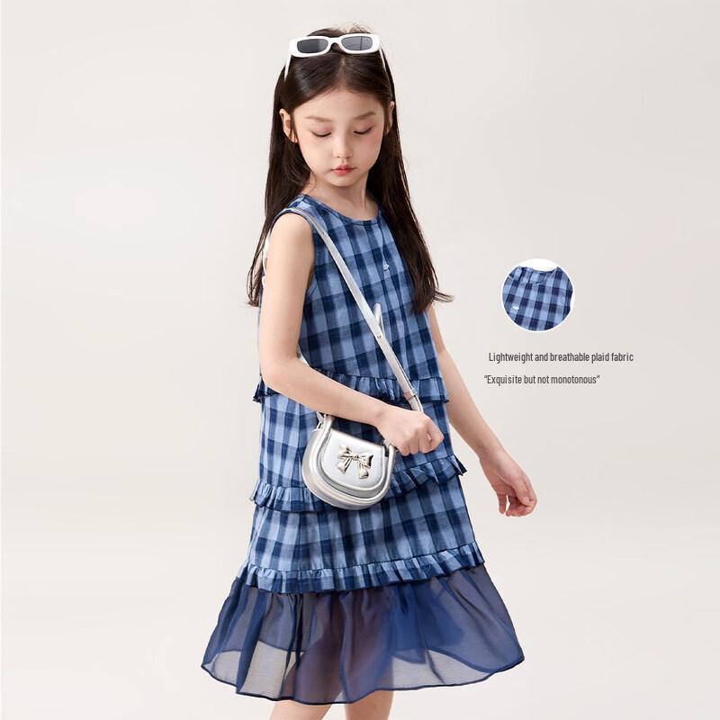 LUSON Girls  Summer Plaid Ruffle Mesh Dress 140