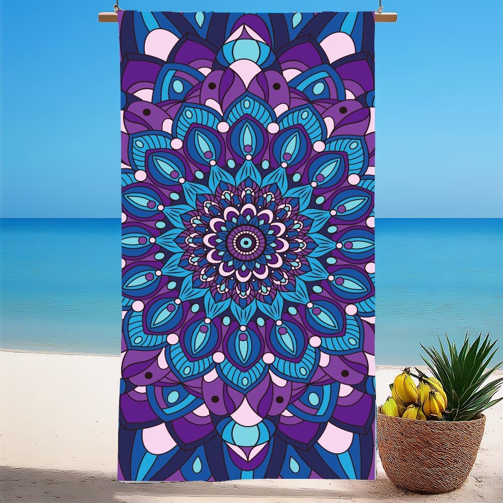Boho Mandala Beach Towel Microfiber Oversized Lightweight Beach Towel Sandproof Quick Dry Black Flower Towels Swim Pool Beach