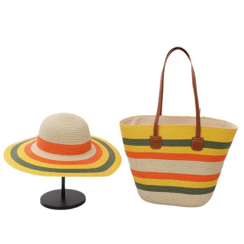 Set Cappello di Paglia e Borsa Tote Con Protezione Solare per Spiaggia e Attività all'Aperto