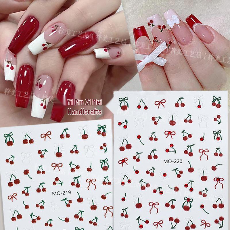 

Crystal Diamond Cherry Nail Stickers - 3D Wine Red Rhinestones 2025 Trend