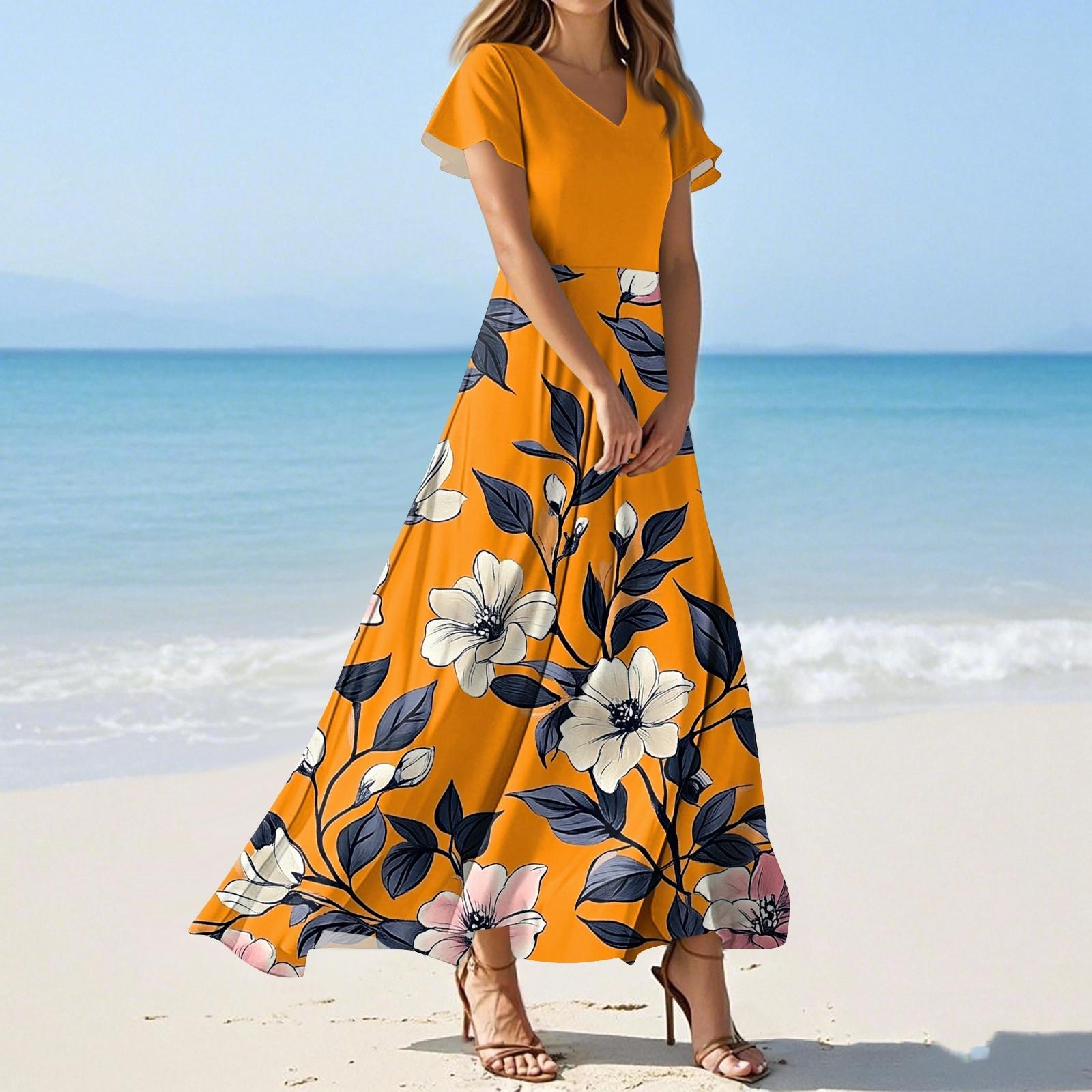 

Женские летние платья Повседневный сарафан Свободные платья с V-образным вырезом и струящимися оборками с короткими рукавами XS жёлтый