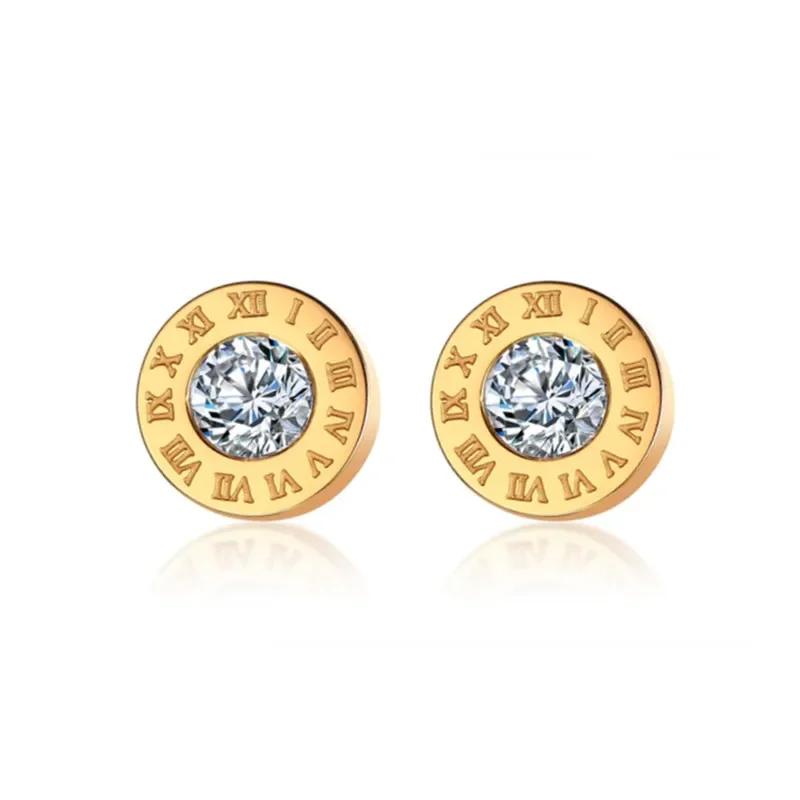 Classic Trend Geometric Circle Crystal Roman Numeral Stud Earrings for Women Temperament Gold Color Stainless Steel Jewelry Gift