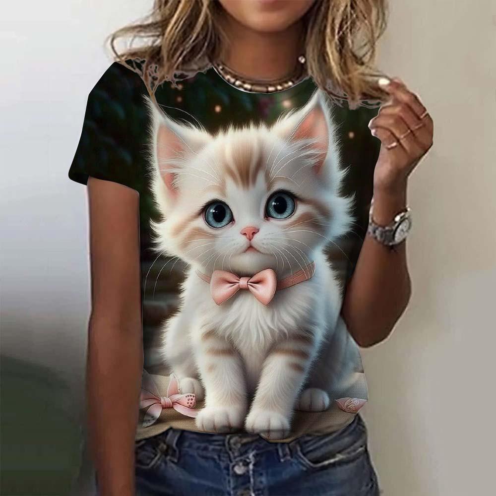 Women's Round Neck Short Sleeved T-shirt with Digital Printing, Cat Casual Short Sleeved T-shirt