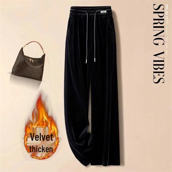 Fleece-Lined Gold Velvet High-Waisted Straight-Leg Pants (2025 Winter Edition)