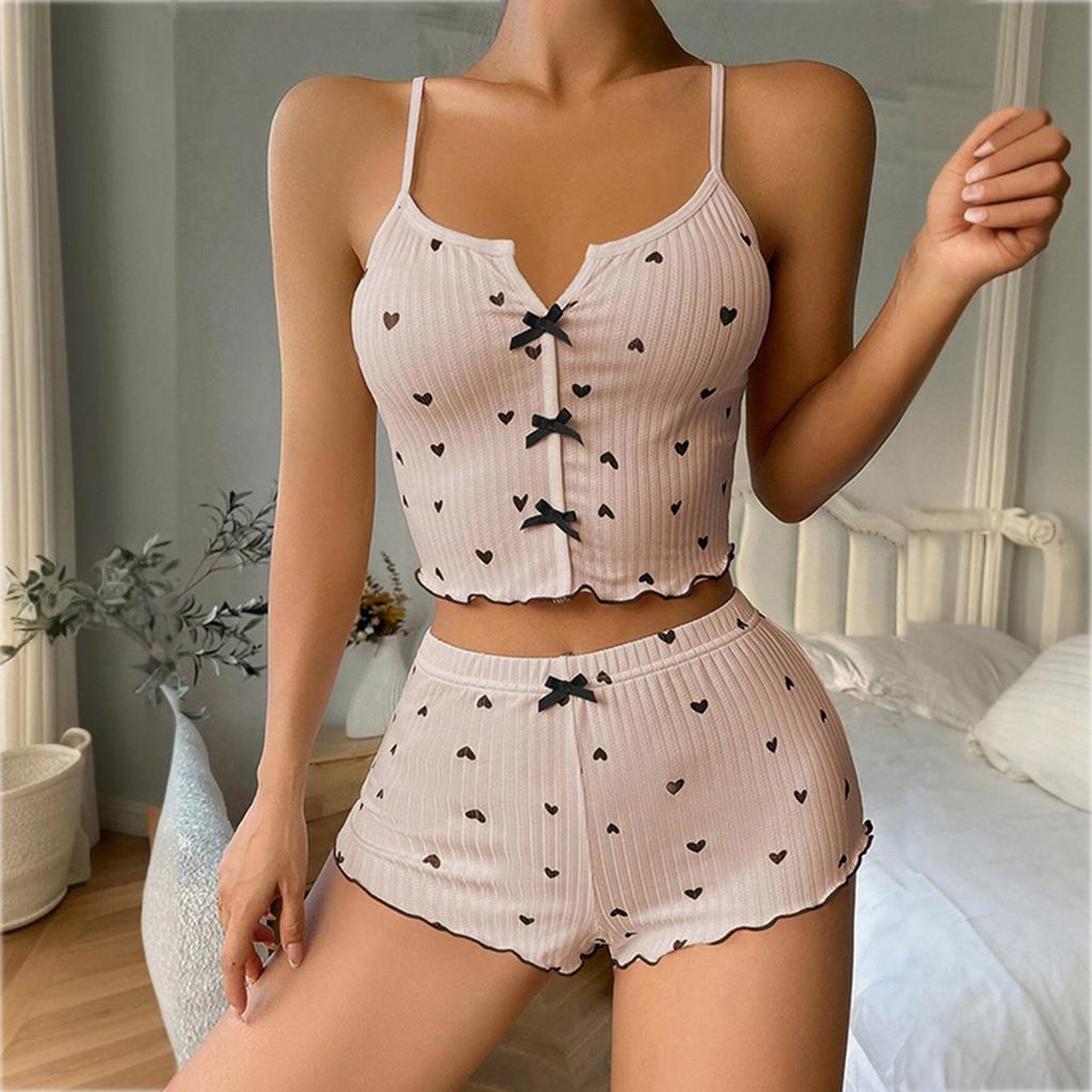 Women's Heart Printed Front Slit Camisole Pajama Set Sleepwear Loungewear