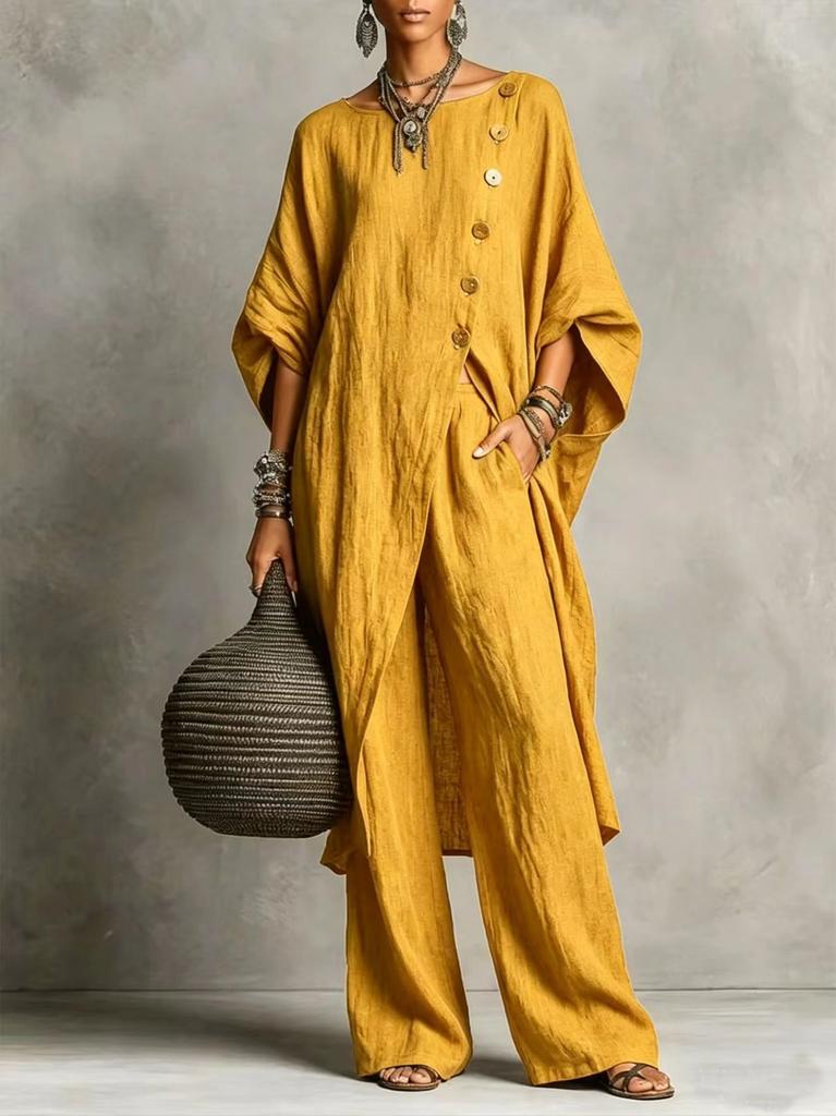 VEZFAA Moda Donna Casual Estate Primavera Colore Solido Stampa Manica 3/4 Scollo O Pantaloni Completi