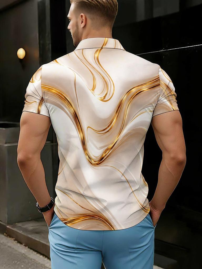 [Print Design-Not Textured] Golden Line Pattern Print Men'S Casual Athletic Short Sleeve Fabric Machine Washable Breathable Regular Fit Suitable for