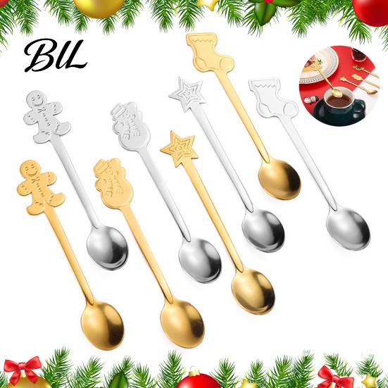 Elegant Table Decor for Parties 4Pcs Christmas Dessert Spoons, Stainless Steel Coffee Spoons with Gingerbread Star Shaped Stirring Man Stocking