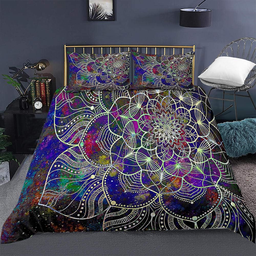 Bohemian Mandala Duvet Cover Set, Colorful Galaxy Comforter Cover Boho Chic Hippie Floral Exotic Bedding Set With 2 Pillow Case