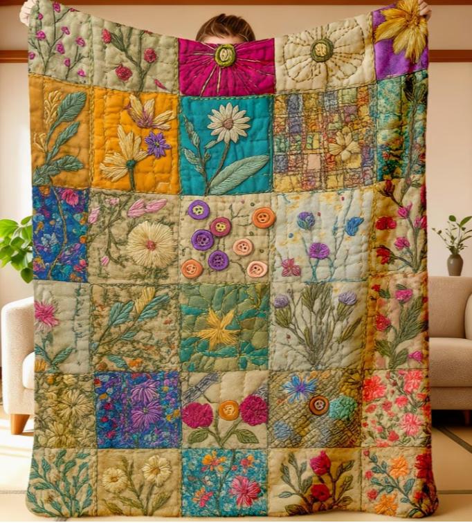 Colorful Flannel Blanket with Heart And Floral Patchwork Design - Soft Blanket for Sofa Bed Car Office Camping Travel Vintage