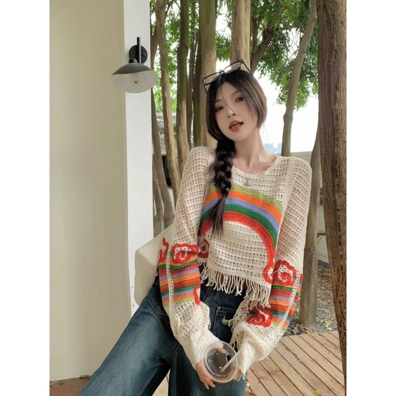 Rainbow hollow women's sweater Crochet lace colored knitted sweaters Spring Autumn Stacked Woman Trendy Fashion Loose Top