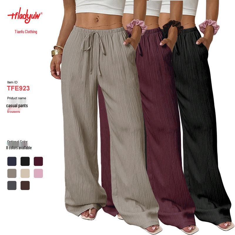 2026 Women's Casual Wide-Leg Pants with Knot Waist and Textured Fabric