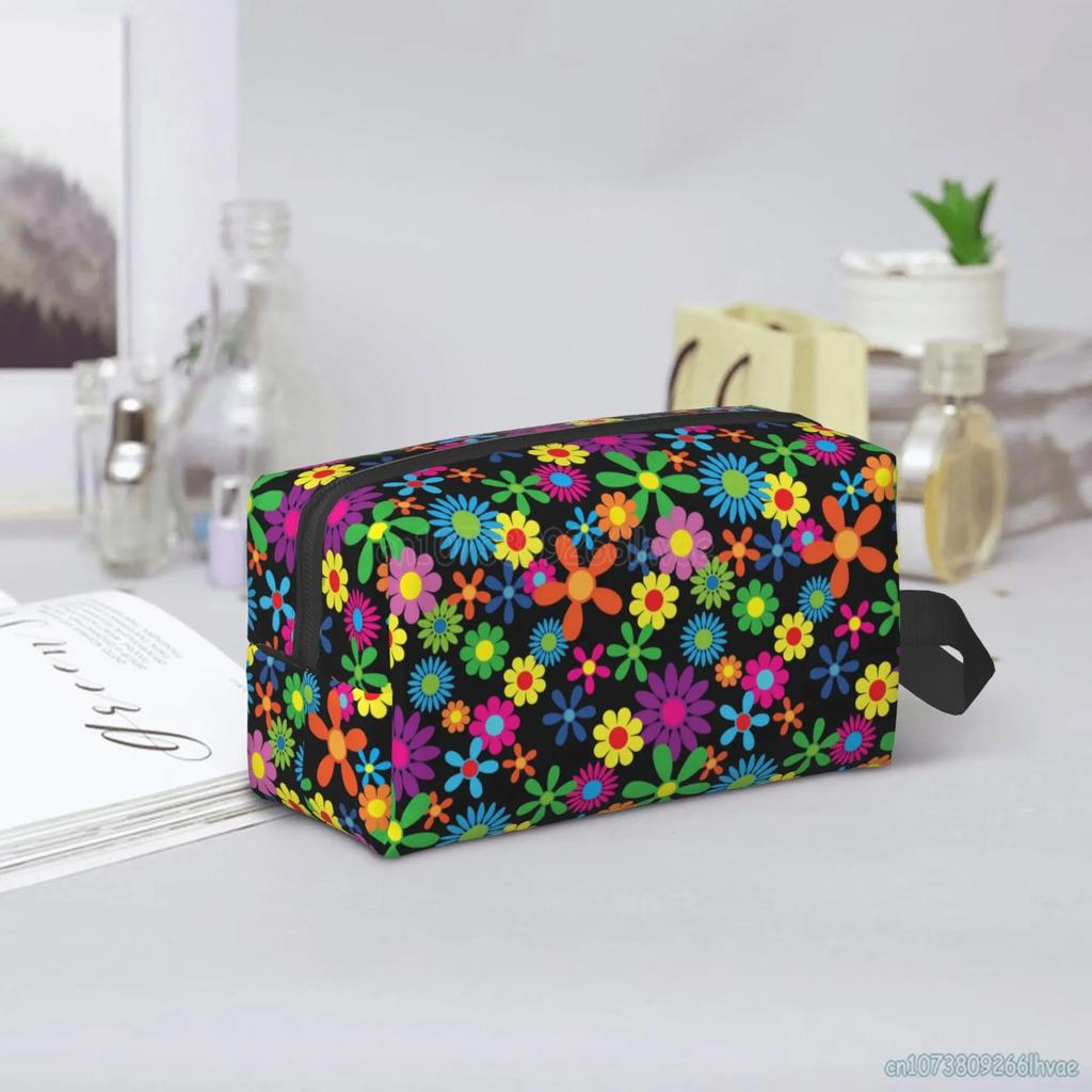Hippie Flower Women Travel Makeup Pouch Waterproof Large-capacity Travel Cosmetic Bag with Handle Cosmetic Bag Storage Bag