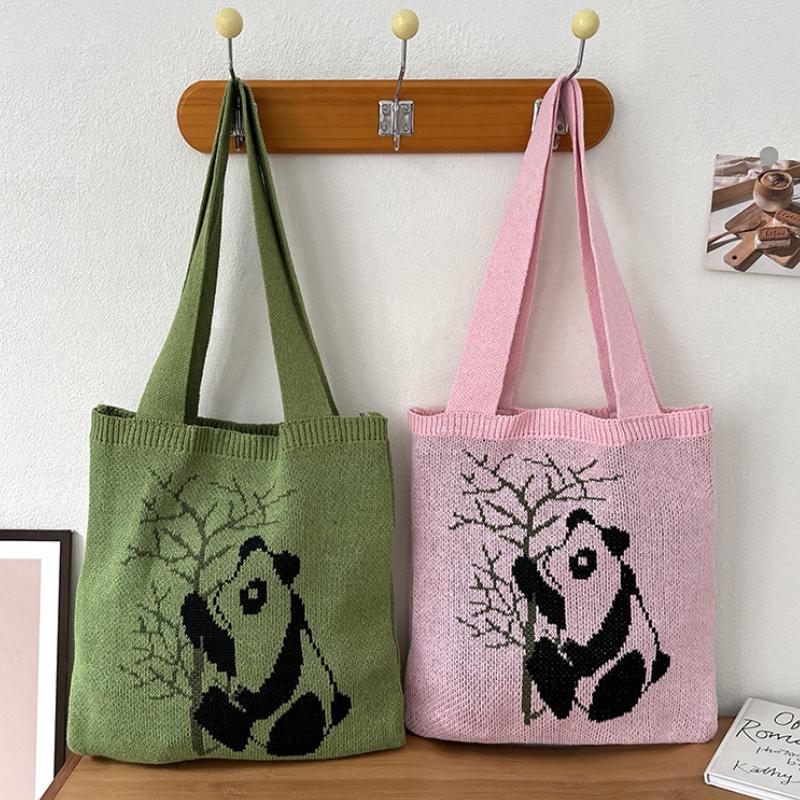 Bolsa Tote Nova com Padrão de Panda, Bolsa de Mão Versátil de Tricô, Bolsa de Praia Tecida, Bolsa de Ombro Vazada Tendência de Rua Para Mulheres