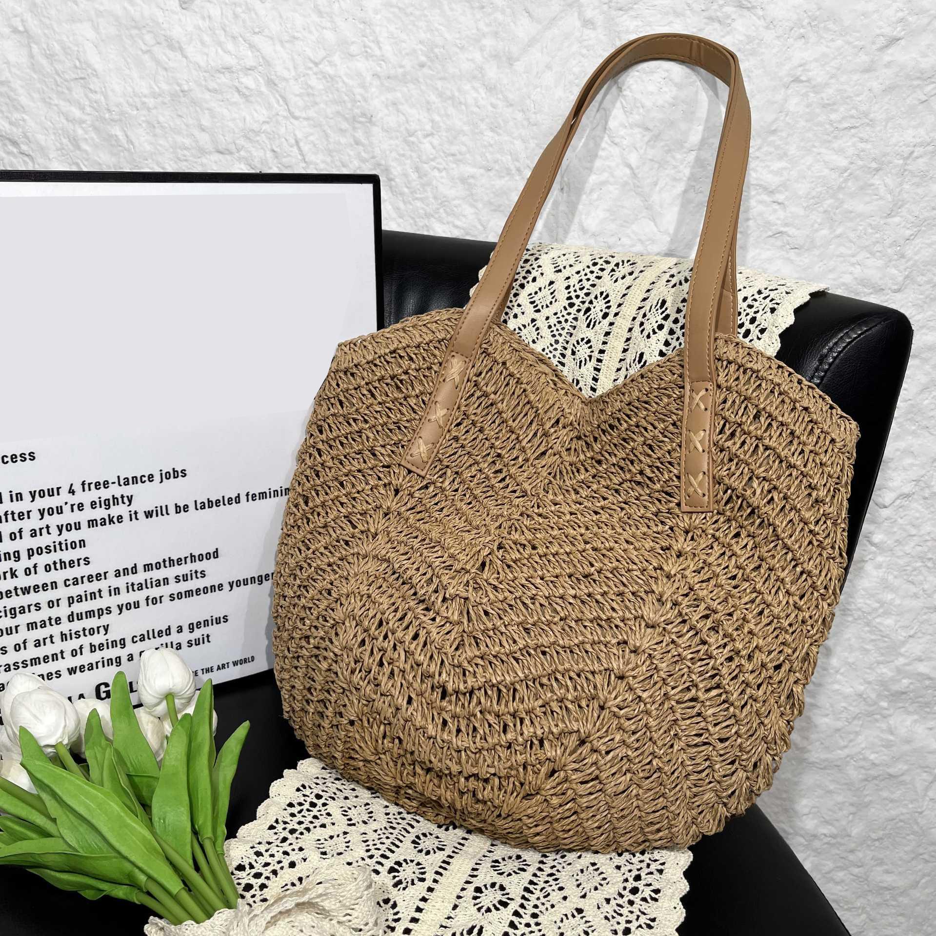 

Straw Beach Bag Vintage Handmade Woven Shoulder Bag Raffia circle Rattan bags Bohemian Summer Vacation Casual Bags 26x1x35cm хакі