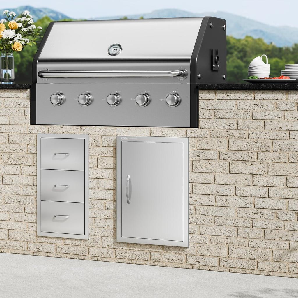 BBQ Access Door, 457x610 Mm Single Outdoor Kitchen Door, Stainless Steel Flush Mount Door, Wall Vertical Door with Handle, for BBQ Island, Grilling