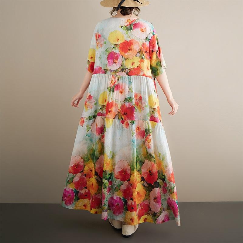 Krátký rukáv Nadměrná velikost vintage květinová novinka v šatech pro ženy ležérní volné dlouhé letní šaty
