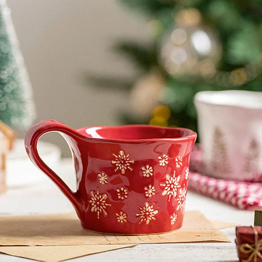 Christmas Series Tableware Relief Plate Red Snowflake Pattern Steak Western Dish Plate Simple Ceramic Dessert Bowl Mug